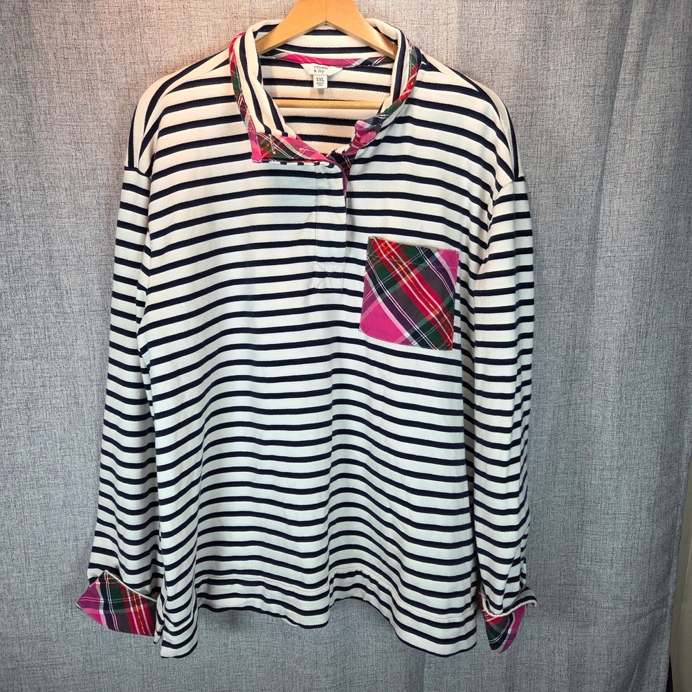 Crown & Ivy Womens 2X Pullover Sweater 1/4 Button Stripes Plaid Multicolor 90's‎